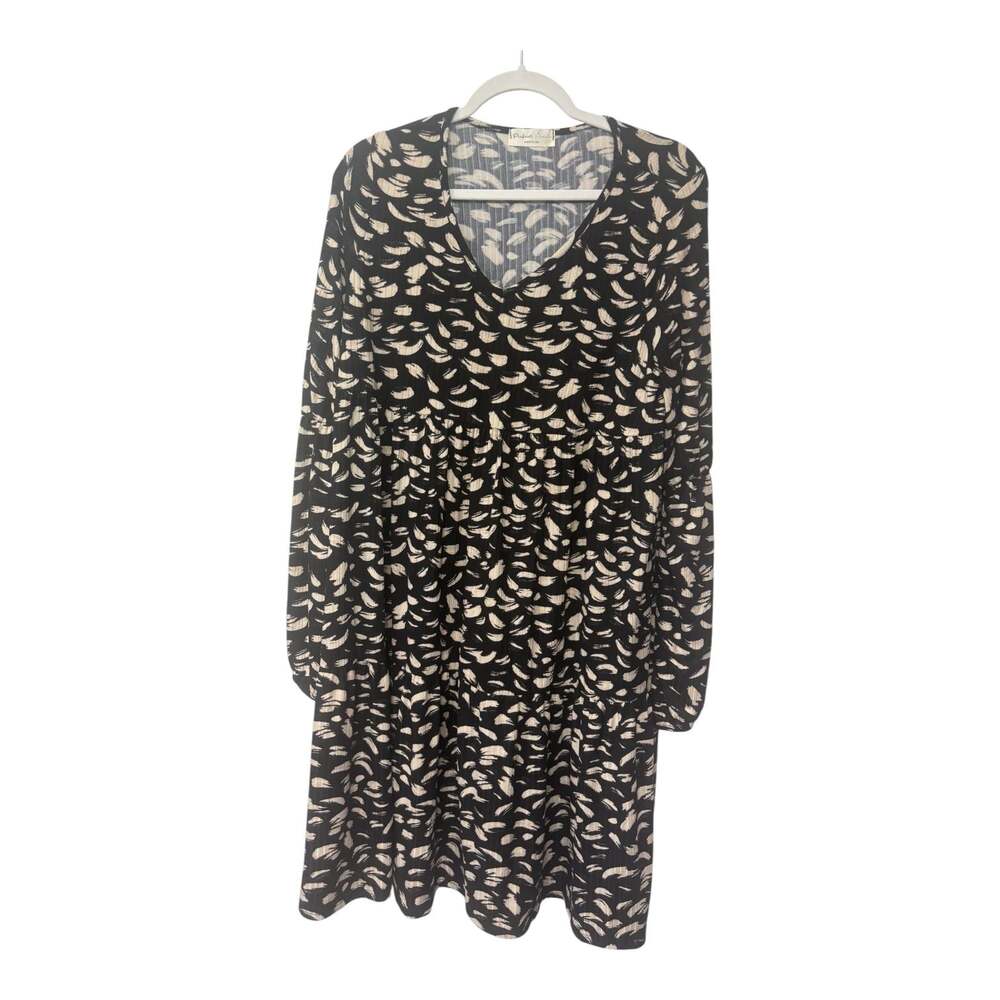 MSBASIC V-Neck Long Sleeve Ribbed Smudge Print Dress